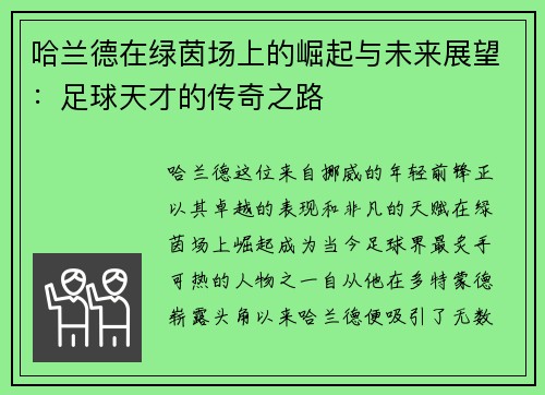 哈兰德在绿茵场上的崛起与未来展望:足球天才的传奇之路